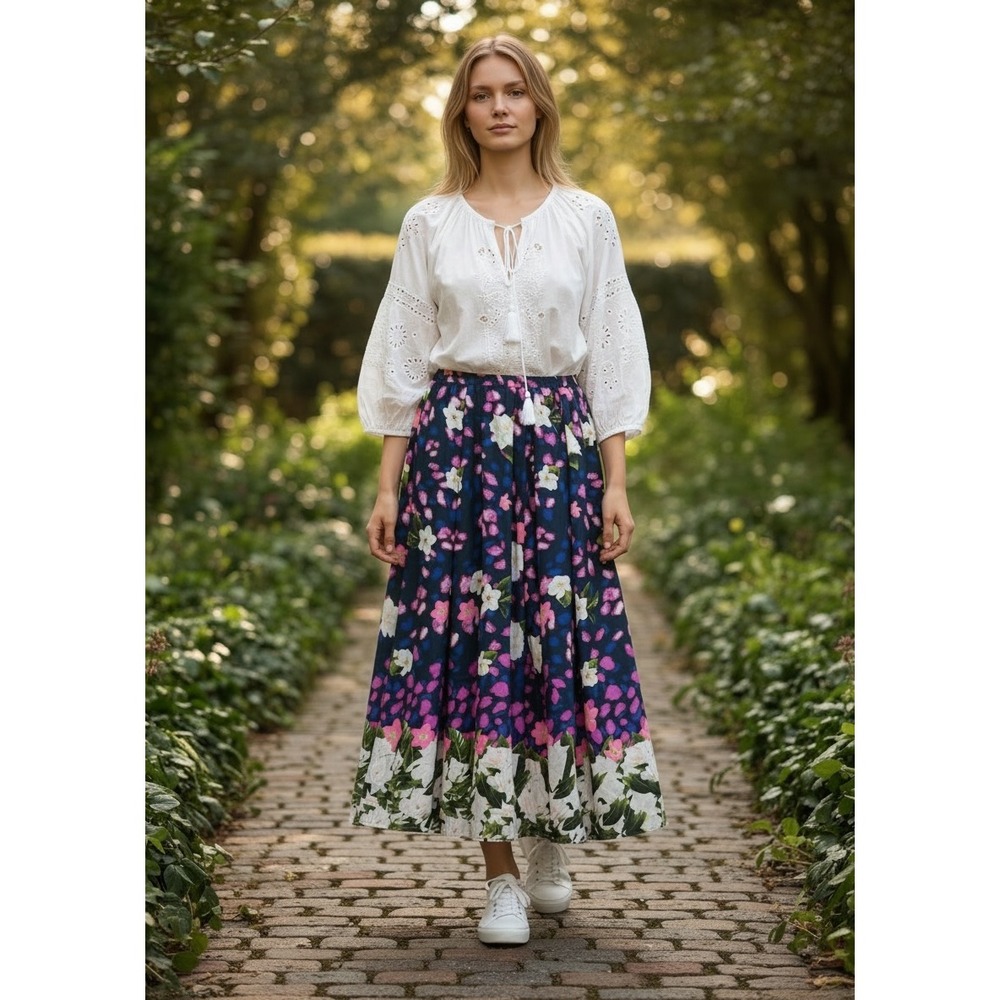 Mix Nouveau New York Womens Floral Maxi Skirt Navy‎ Blue Pink Purple Size M